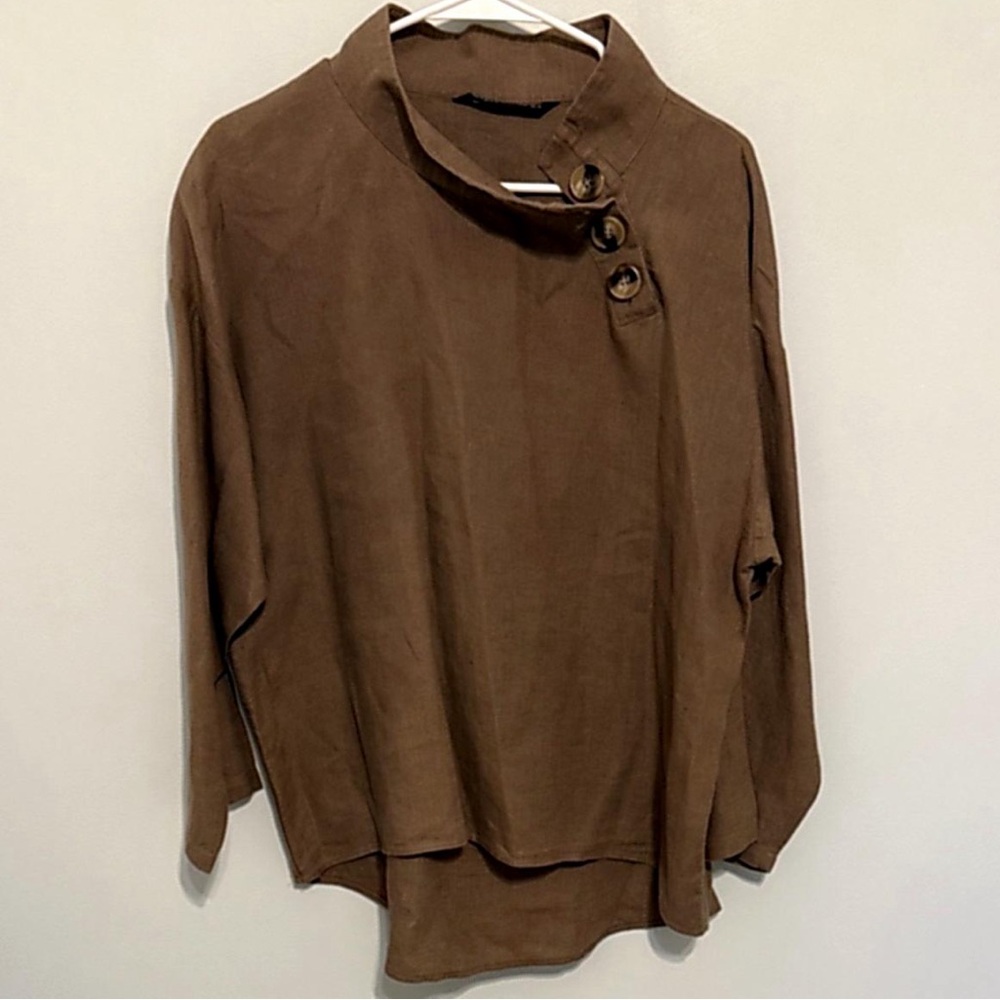 Zara Top Shirt Blouse  Longe Sleeve Brown Button-Detail Top Linen Small